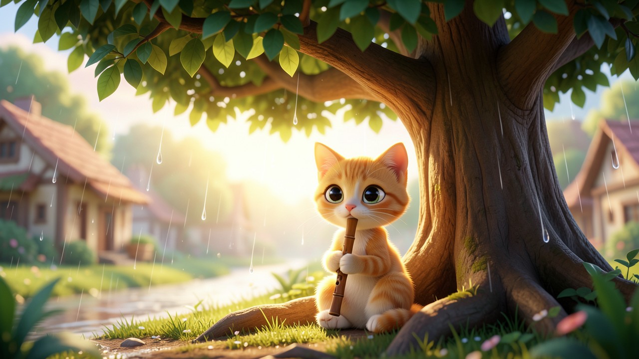 L'histoire de conte de fée du chat qui chantait sous la pluie