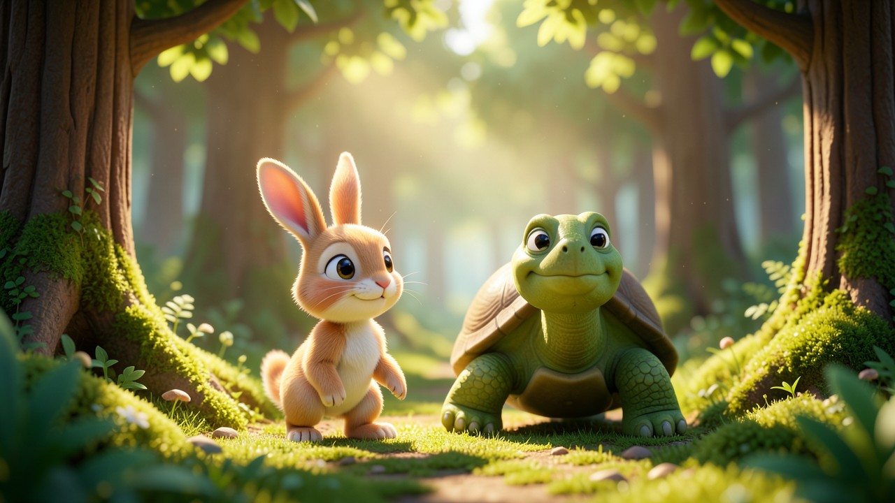 Fabel Hase und Schildkröte: Ein Tag im Wäldchen