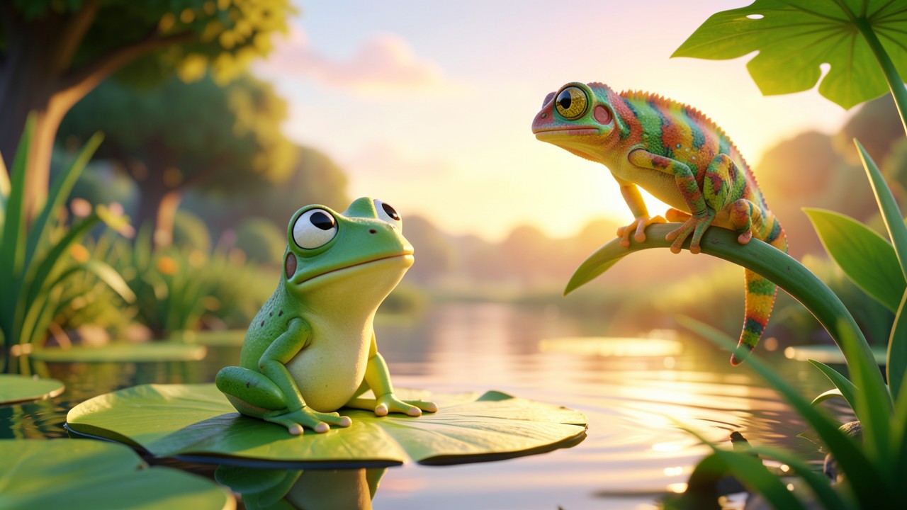 Illustrations des fables de la fontaine : La grenouille et le caméléon