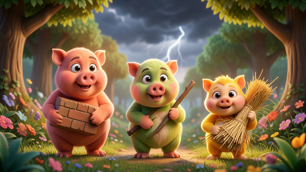 Cuentos infantiles los tres cerditos: La casa de paja y la tormenta