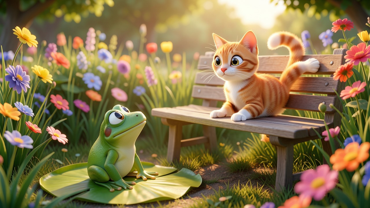 Illustration des fables de la fontaine: La Grenouille et le Chat