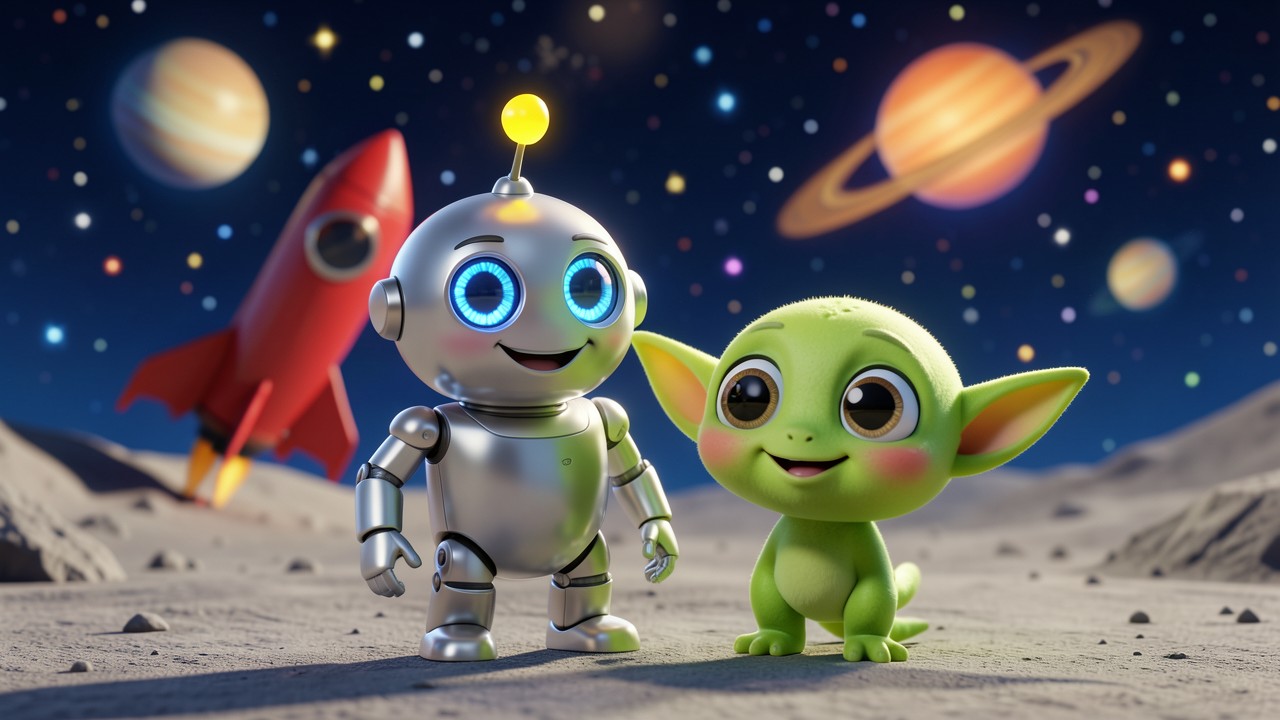 El pequeño robot Robi y su amiga espacial