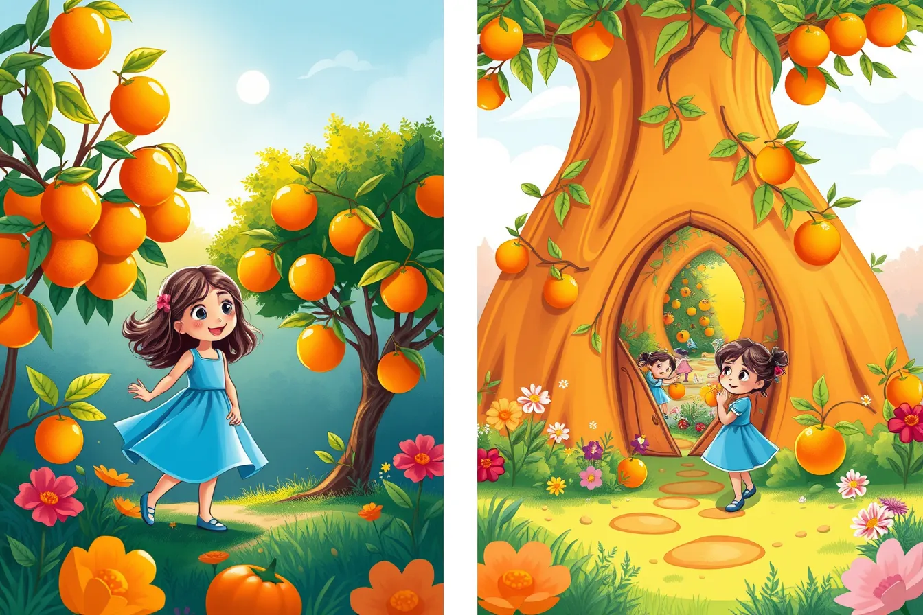 La niña en la planta de naranja